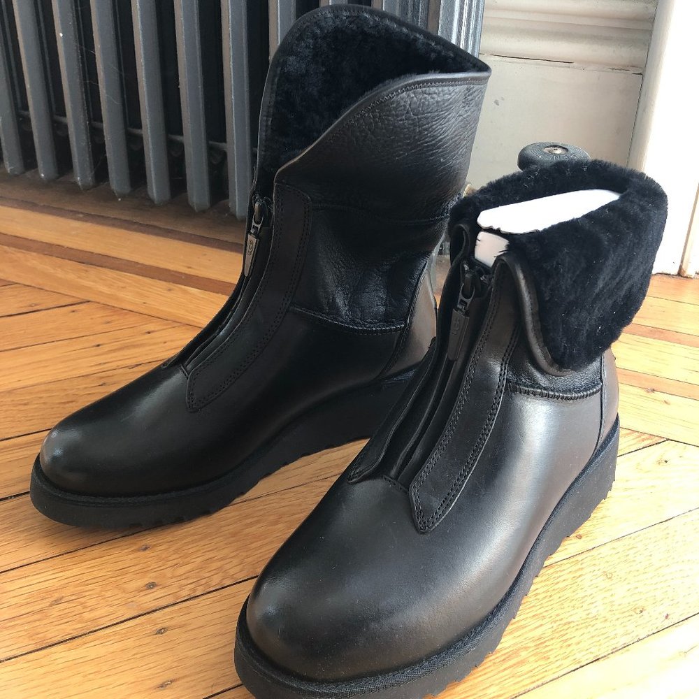 NEW Treadlite by UGG Women's Caleigh boots in black leather shearling size 7